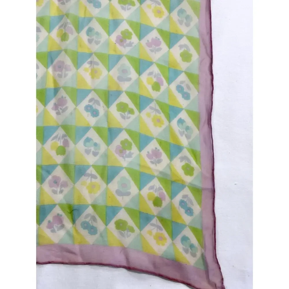 Vintage 1960s Silk Chiffon Scarf Geometric Floral Purple Green Blue Hand Rolled